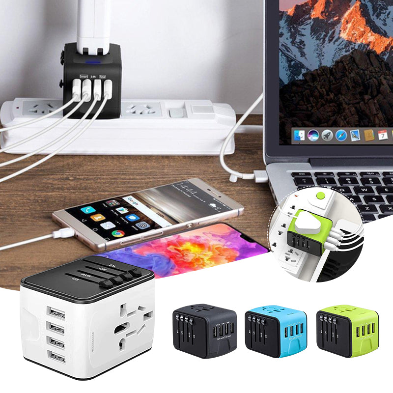 Universell strømadapter med integrerte USB-porter, et must for digital nomade og reise.