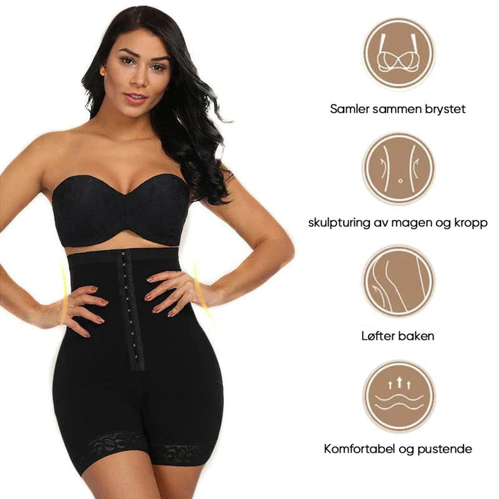Usynlige hudfargede shapewear kompresjonstruser for kvinner. Høy midje gir magekontroll og sømløs look.