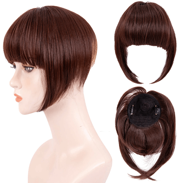 Hårforlengelse som pannelugg, clip-on design for enkel og rask styling.