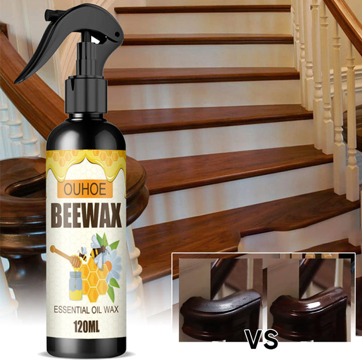 Hånd polerer treverk med klut og naturlig bivoksspray for møbler. Effektivt for glans, vedlikehold og trepleie.