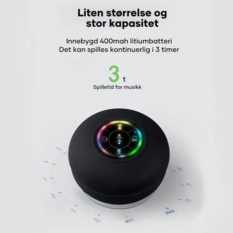 Kompakt vanntett dusjhøyttaler med LED-lys og sugekopp, for håndfri musikk i dusjen.