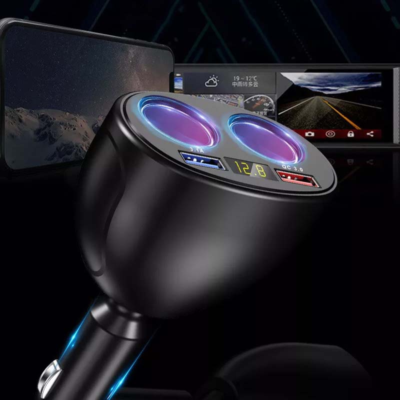 Fleksibel 360° roterbar USB billader. Plugges i sigarettenner, viser bilens spenning. Ideelt biltilbehør.