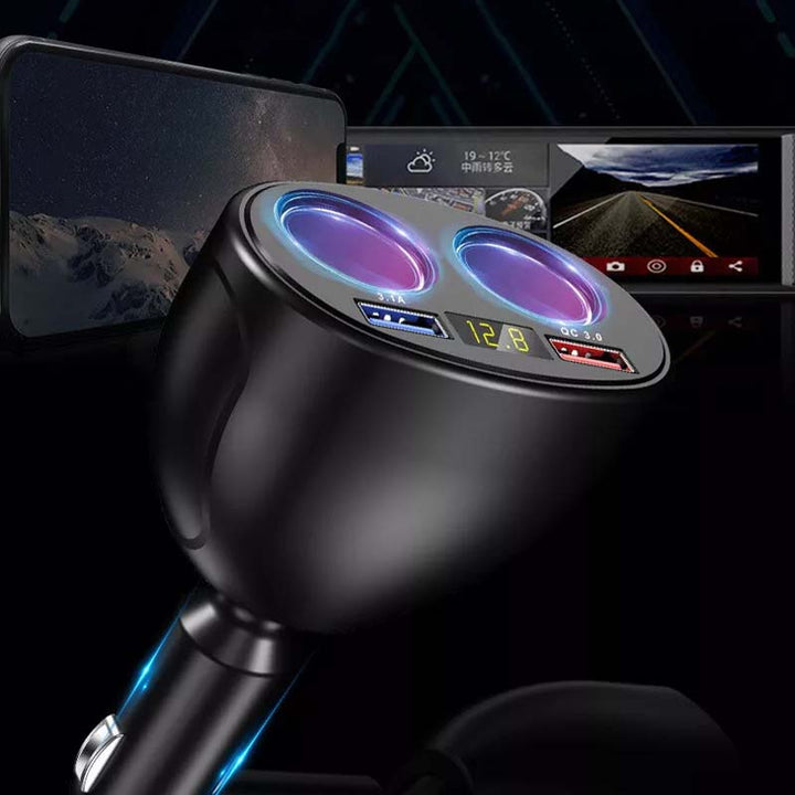 Fleksibel 360° roterbar USB billader. Plugges i sigarettenner, viser bilens spenning. Ideelt biltilbehør.