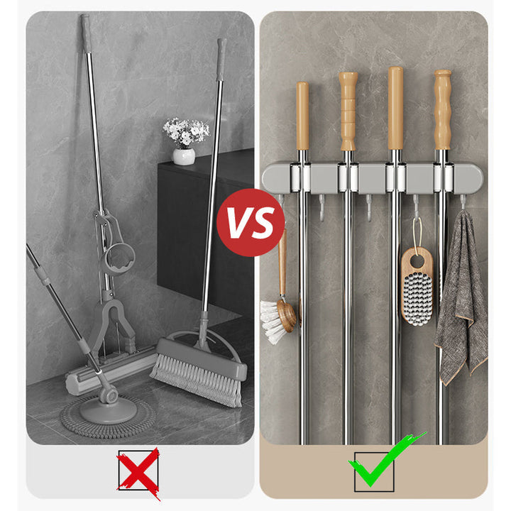 Mopp- og kosteholder for kjøkken og bad. Inkluderer krok for nøkler eller små redskaper.