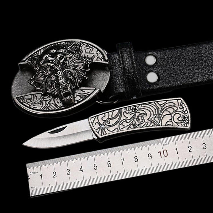 Robust menns belte i ekte skinn med punk-elementer og en smart innebygd kniv for diskret beskyttelse.