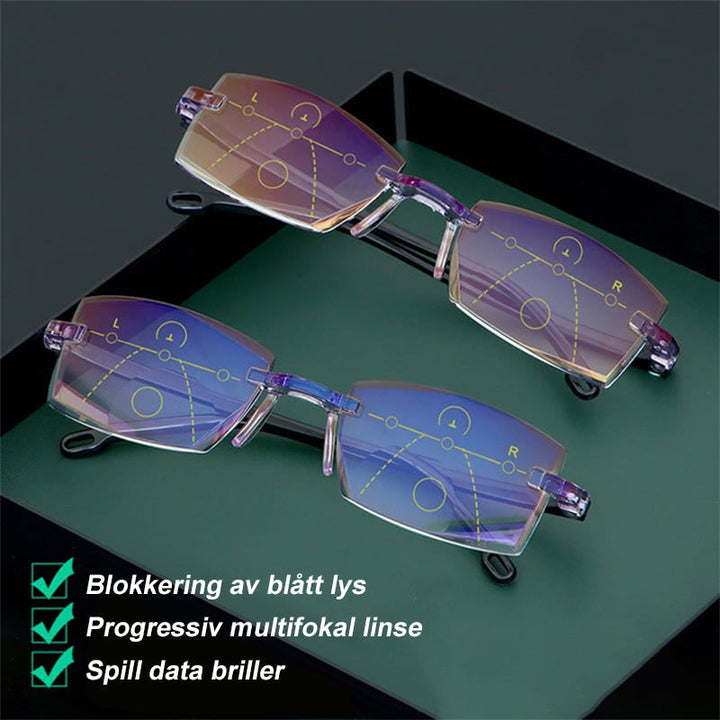 Nærbilde av moderne unisex progressive lesebriller med anti-blått lys teknologi.