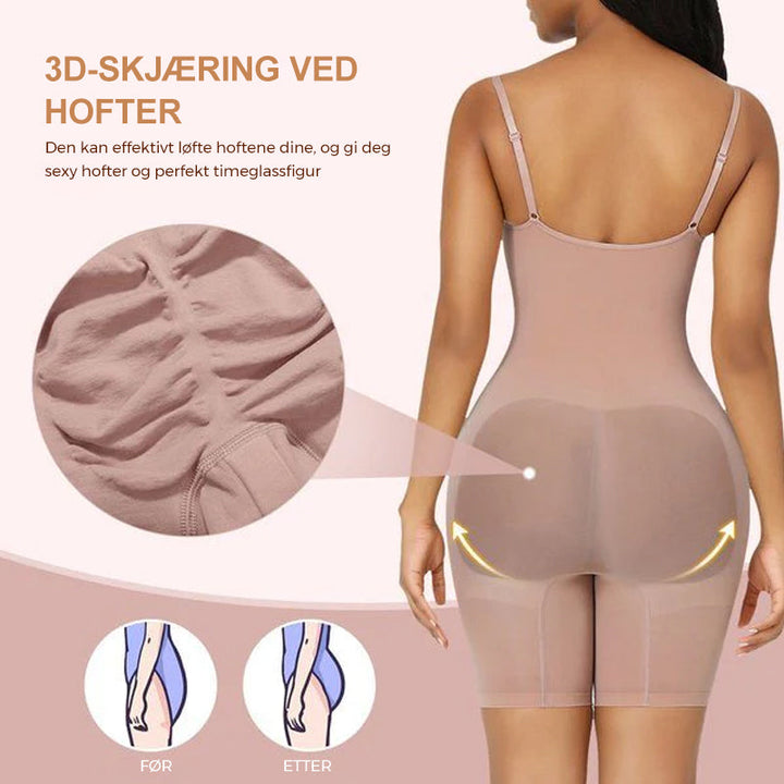 Beige helkropps shapewear med magekontroll og knelengde, usynlig under klær for glatte kurver.