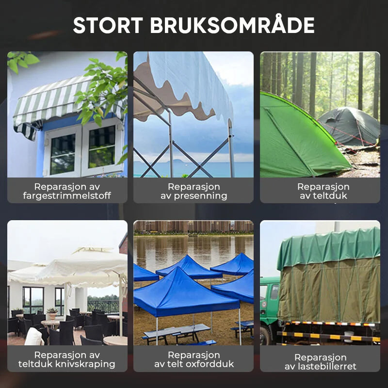 Utendørs reparasjonstape. Sterk, vanntett presenningstape for rask fiks av telt, markiser og annet utstyr.
