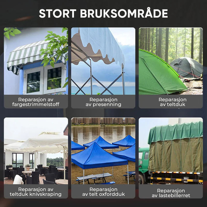 Utendørs reparasjonstape. Sterk, vanntett presenningstape for rask fiks av telt, markiser og annet utstyr.