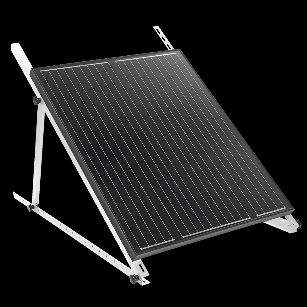Justerbart monteringssett for solcellepanel, 2-delt brakett i sølvfarget metall for off-grid solenergi systemer.