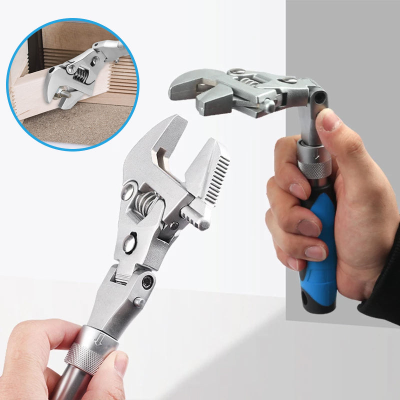 Kompakt 5-i-1 skiftenøkkel med justerbar kjeft og uttrekkbar arm. Perfekt multiverktøy for effektiv reparasjon.