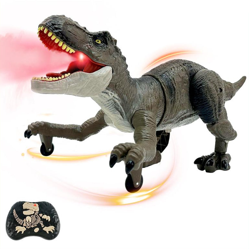 Grønn fjernstyrt dinosaur for barn, vannsprayfunksjon og brølende lyd.