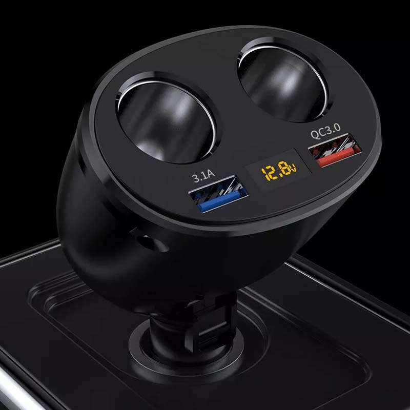 Kompakt billader med to USB-porter for samtidig lading av mobiler. Inkluderer tydelig spenningsdisplay.
