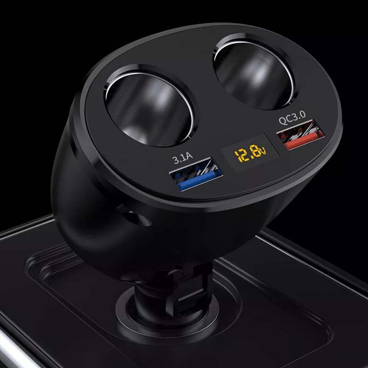 Kompakt billader med to USB-porter for samtidig lading av mobiler. Inkluderer tydelig spenningsdisplay.