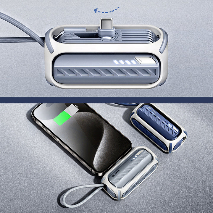 Hurtiglader for mobil og nettbrett. Roterende Type-C/Lightning-tilkobling, 5000mAh kapasitet.