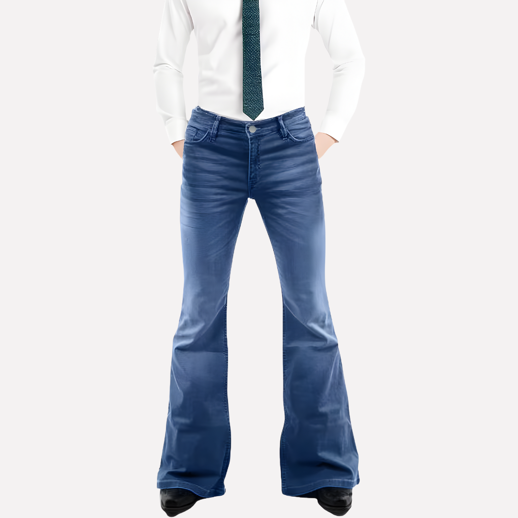 Menns vintage flared jeans i retro stil, blå denim, inspirert av 70-talls mote, komfortabel passform.