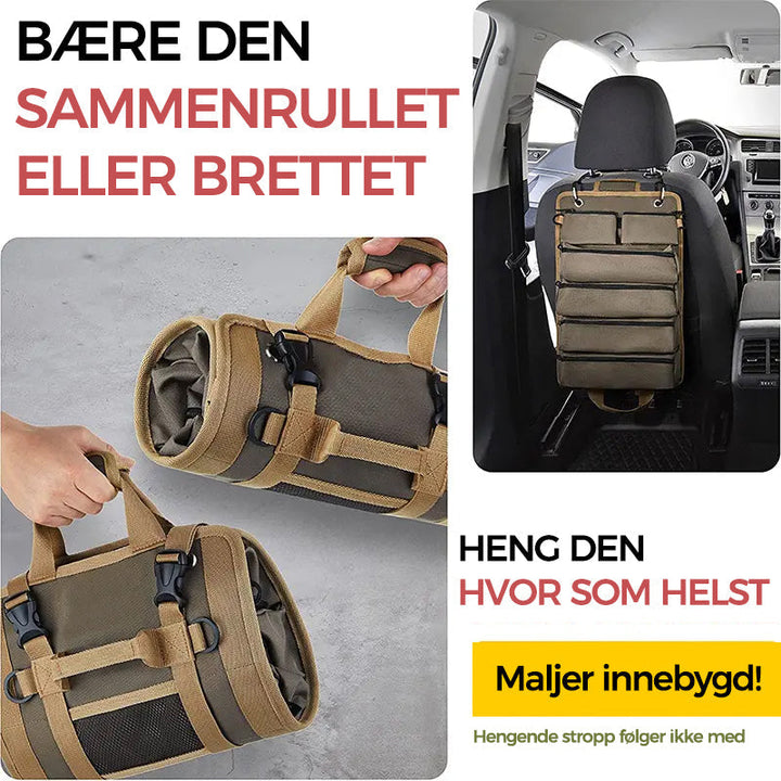 Nærbilde av robust oxford stoff på verktøyrullen, for langvarig bruk i verksted.