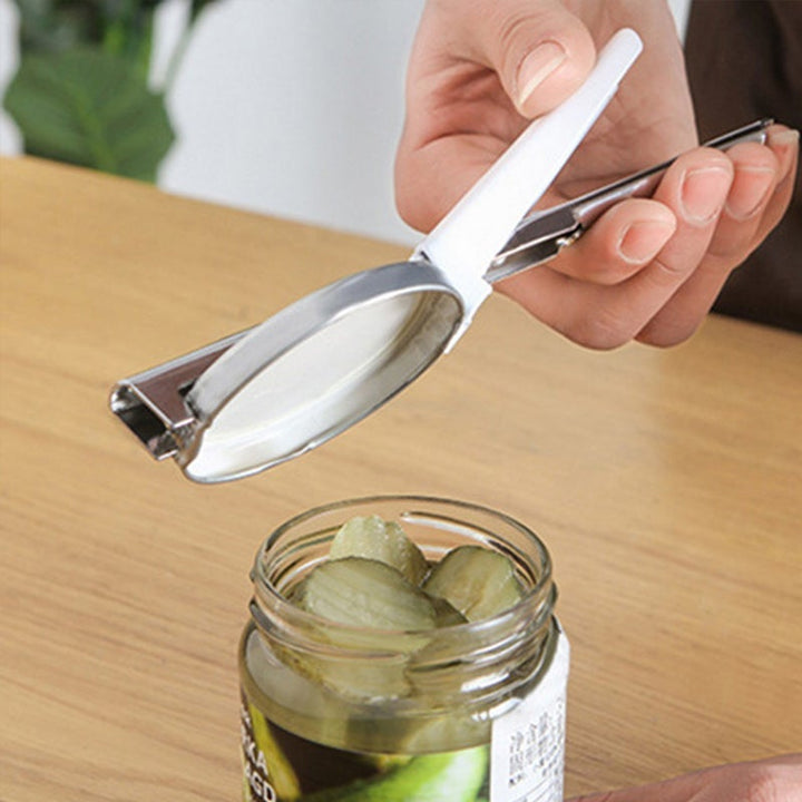 Justerbar glass- og flaskeåpner i rustfritt stål for enkel åpning av lokk og flasker i alle størrelser.