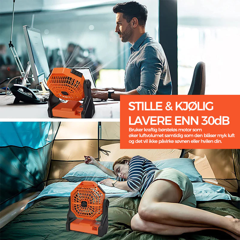 Solid oppladbar campingvifte med USB-lading, LED-lys og praktisk opphengningskrok.