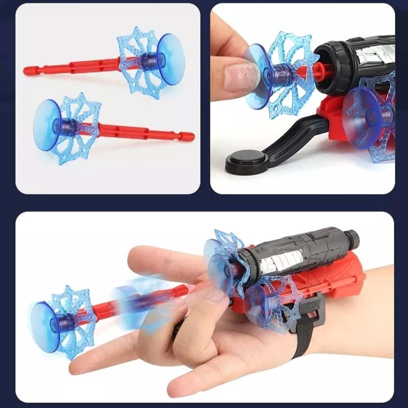 Rød og blå edderkoppnett-utskyter hanske for barn, velegnet til superhelt-cosplay.