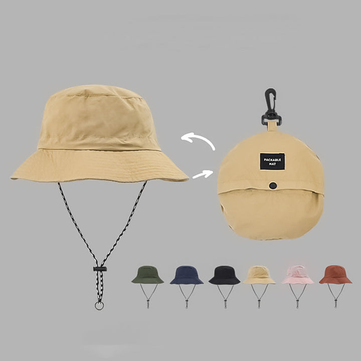 Polyester bucket hatt med UV-beskyttelse, lett og sammenleggbar for enkel pakking i bagasjen.