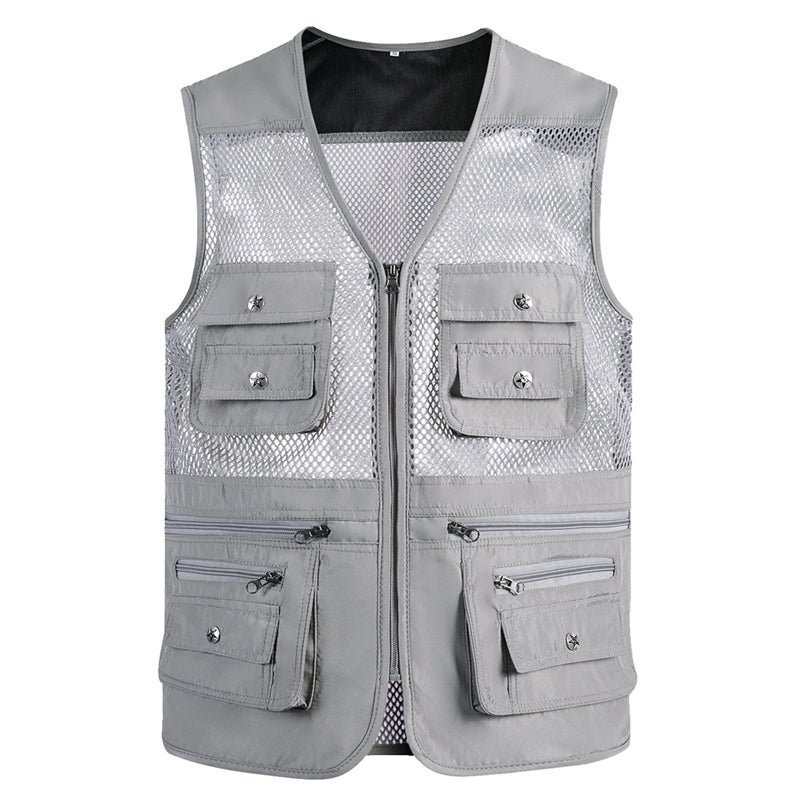 Sort herre multi-lomme nettingvest med D-ringer og glidelås, egnet for eventyr.