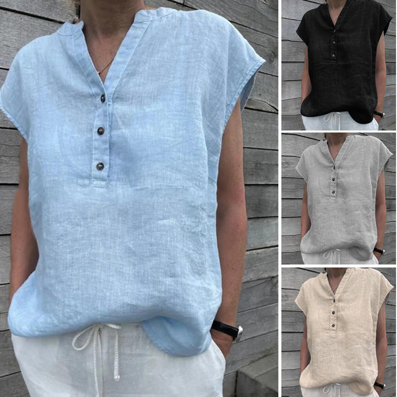 Komfortabel kortermet topp for kvinner med V-hals og knapper. Allsidig bluse/t-skjorte for vår og sommer.