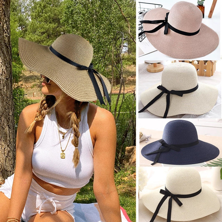Elegant stråhatt med bred kant for dame, ideell for UV-beskyttelse på stranden.