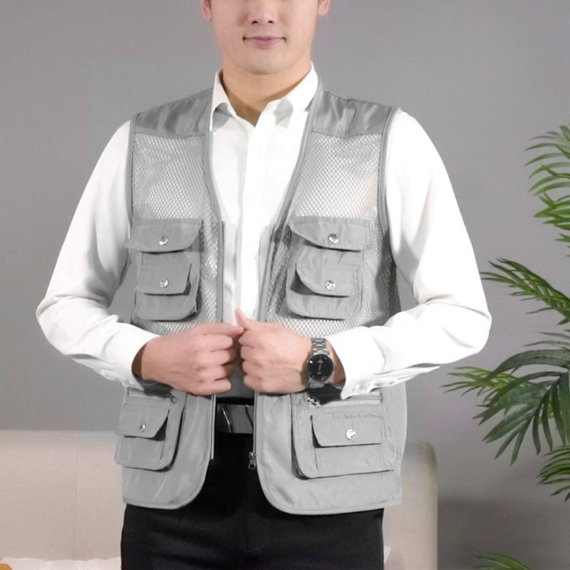 Herre multi-lomme nettingvest, pustende og lett sommervest for utendørsaktiviteter.