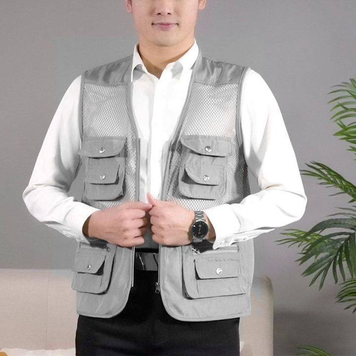 Herre multi-lomme nettingvest, pustende og lett sommervest for utendørsaktiviteter.