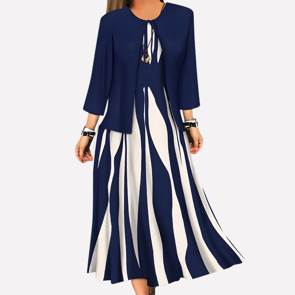Kvinnens todelt sett med langermet bluse og trykt boho-kjole. Perfekt for hverdag og fest, vår og sommer.