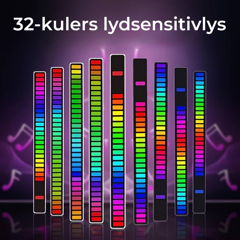 Flerfarget LED-lyslist for dekorativ belysning, skaper dynamisk atmosfære med lydsensor.