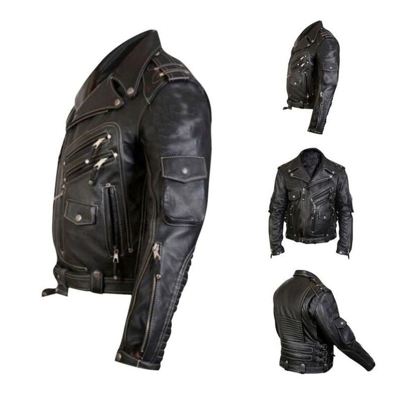 Klassisk herre skinnjakke med vintage-look. Robust PU-skinn. Stilrent yttertøy for casual hverdagsbruk.
