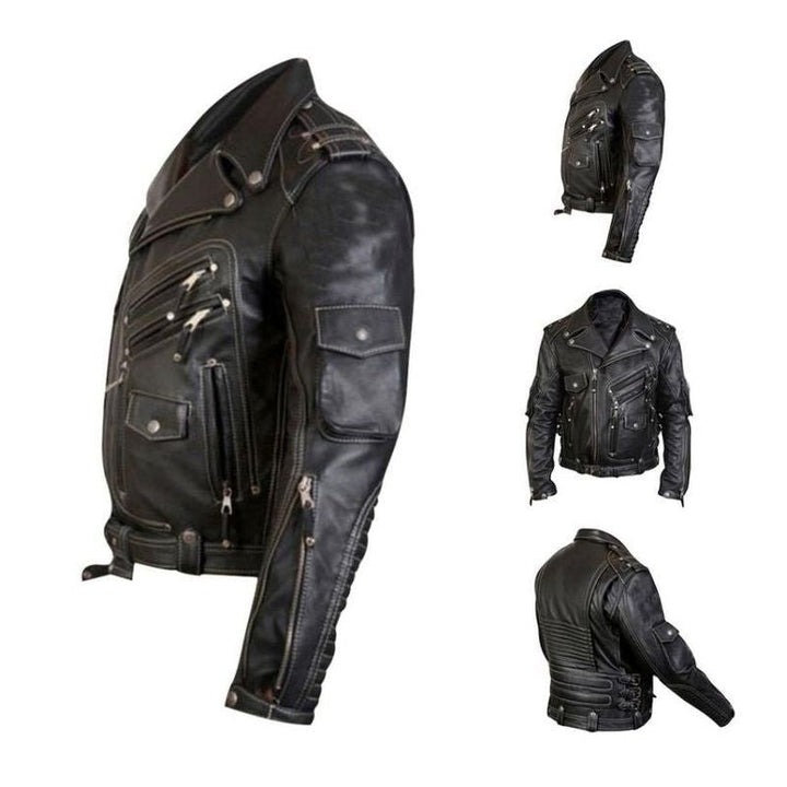 Klassisk herre skinnjakke med vintage-look. Robust PU-skinn. Stilrent yttertøy for casual hverdagsbruk.