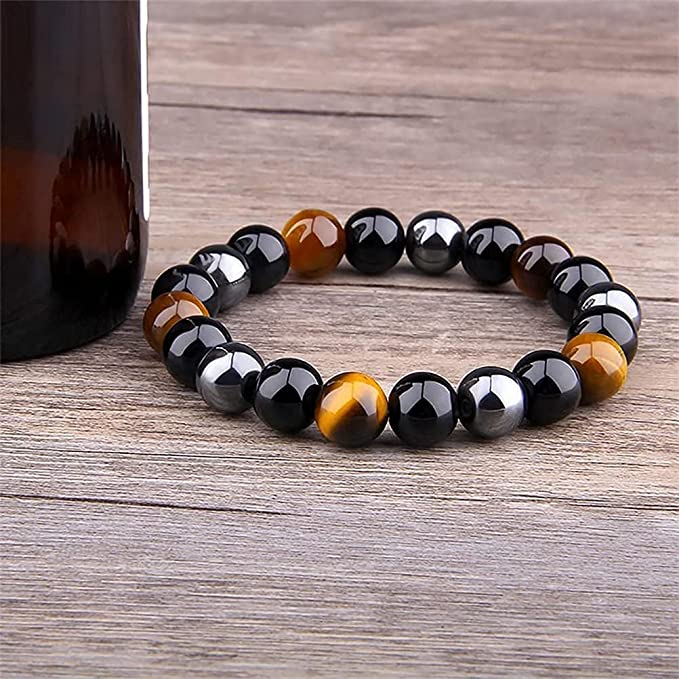 Natursteinarmbånd i tigerøye, obsidian, hematitt. Unisex edelstenssmykke for balanse og beskyttelse.