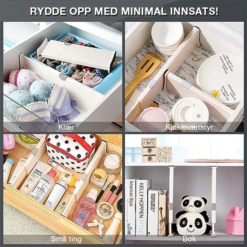 Forvandle rotete skuffer med justerbar skuffeavdeler. Skap orden og mer plass for smart oppbevaring.