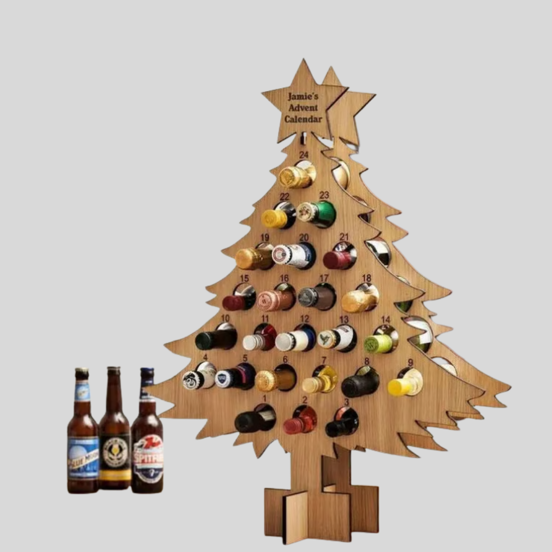 Unik ølflaske adventskalender i tre/metall, festlig nedtelling for voksne ølentusiaster. Perfekt julegave.