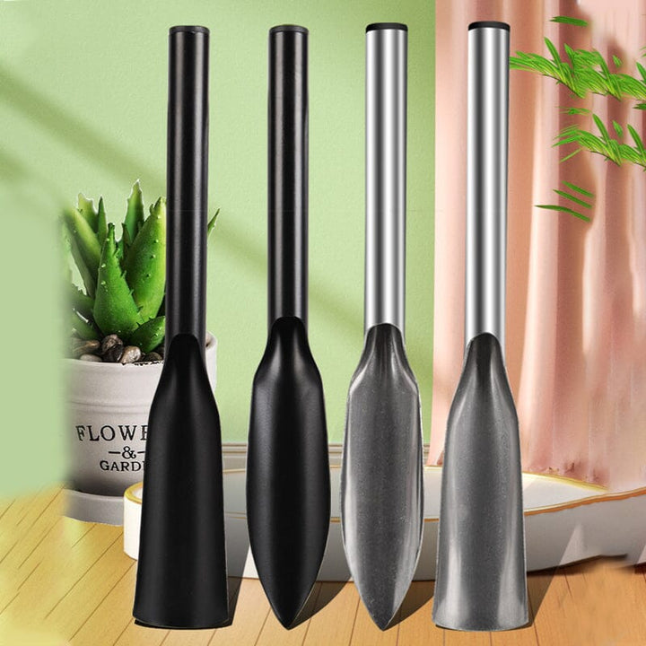 Kompakt håndspade i rustfritt stål for effektivt hagearbeid og planting.