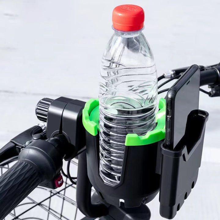 Svart universal koppholder til barnevogn. Praktisk mobilholder for enkel tilgang til drikke og telefon.