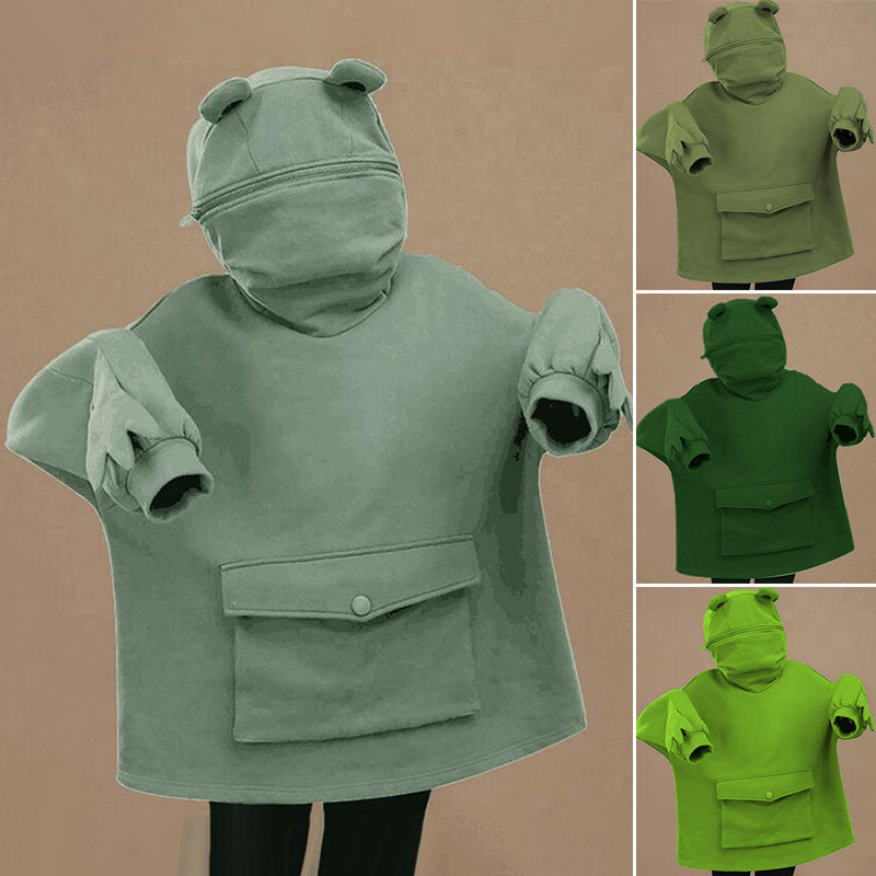 Lekker froskehettegenser, grønn unisex modell, perfekt for casual fritid og morsom stil.