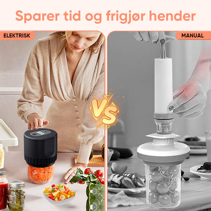 Bærbar, oppladbar vakuumforsegler til Mason Jars. Enkel og effektiv matoppbevaring, reduserer matsvinn.