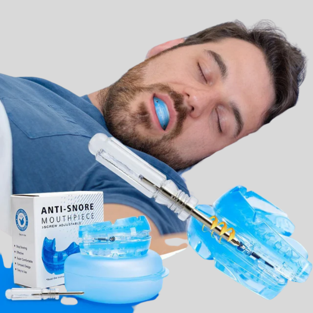 Blått, justerbart anti-snorking munnstykke for bedre pust, søvnhjelp og stille netter. BPA-fritt, komfortabel snorkebehandling.
