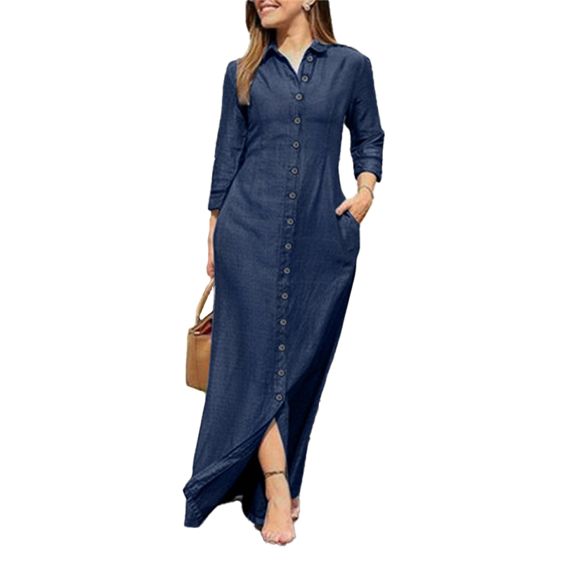 Allsidig denimkjole for kvinner, med knapper. Kan styles til både vår og sommer, perfekt for fritid og jobb.