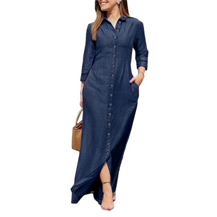 Allsidig denimkjole for kvinner, med knapper. Kan styles til både vår og sommer, perfekt for fritid og jobb.