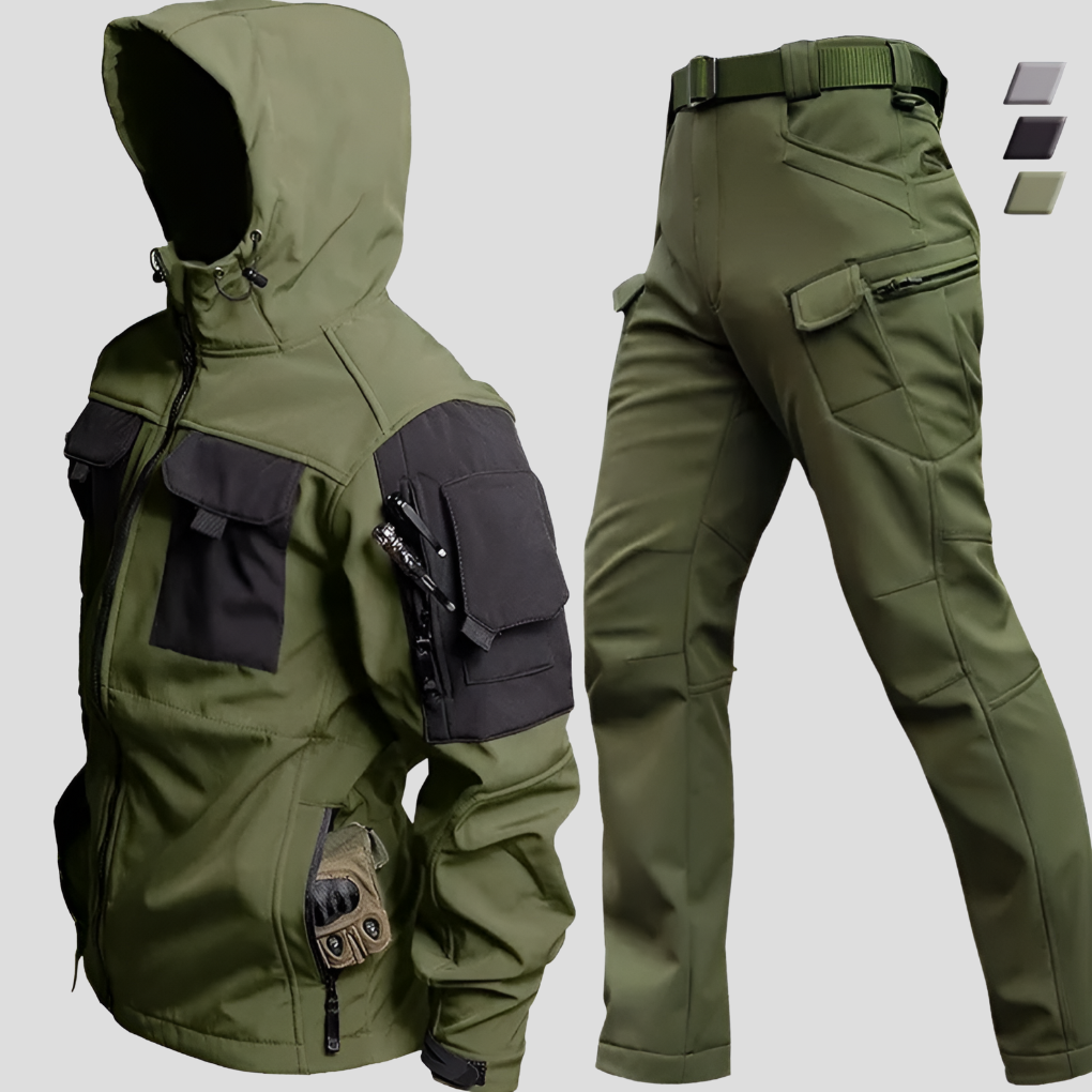 Herresett softshell for friluftsliv. Vind- og vanntett turklær i grå, perfekt for utendørsaktiviteter.