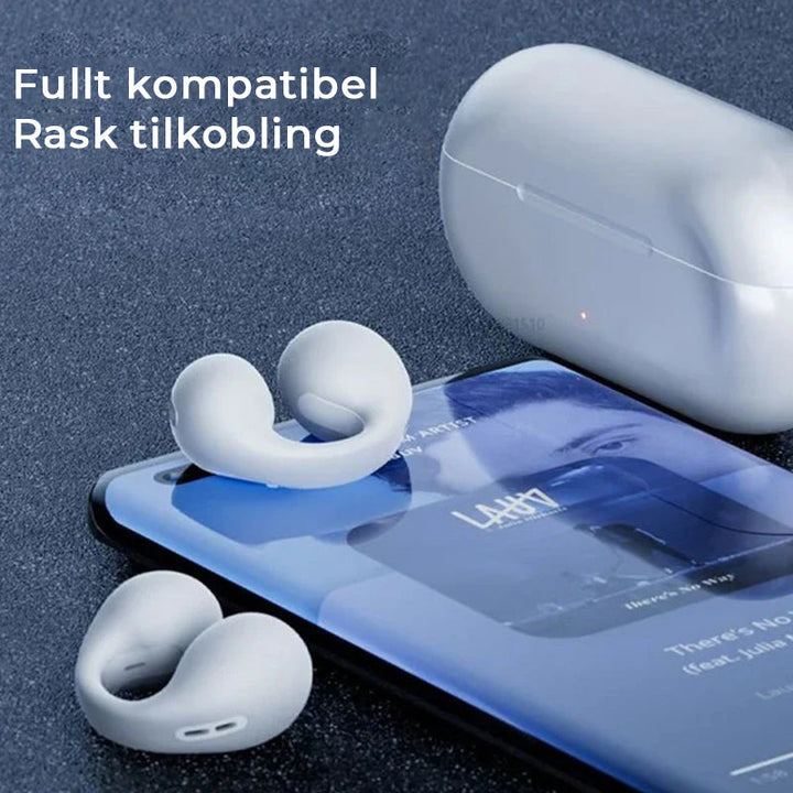 Trådløse Bluetooth hodetelefoner med øreklips og innovativ benledningsteknologi for krystallklar lyd.