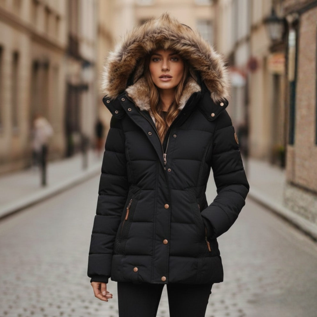 Varm kvinners hette padded jakke for vinter. Komfortabel fôret fritidsjakke i stilfull design.