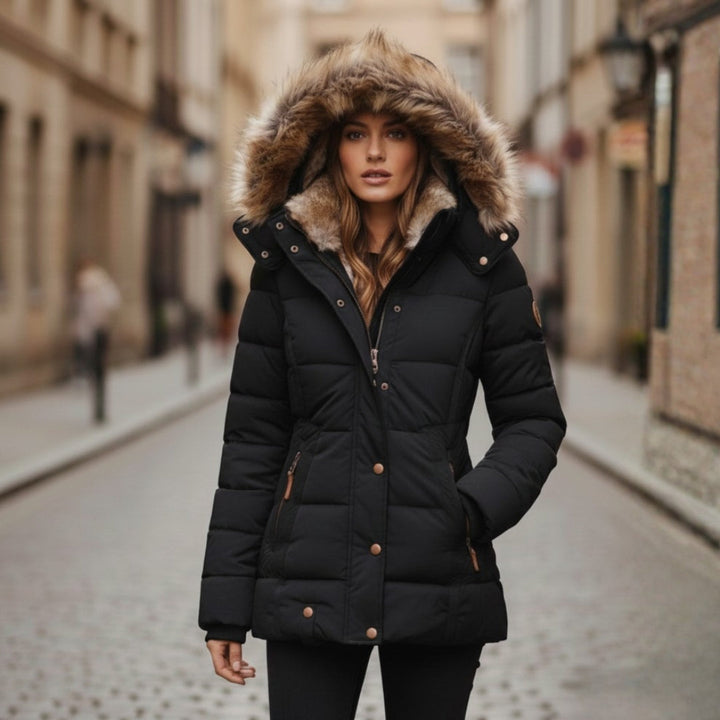 Varm kvinners hette padded jakke for vinter. Komfortabel fôret fritidsjakke i stilfull design.