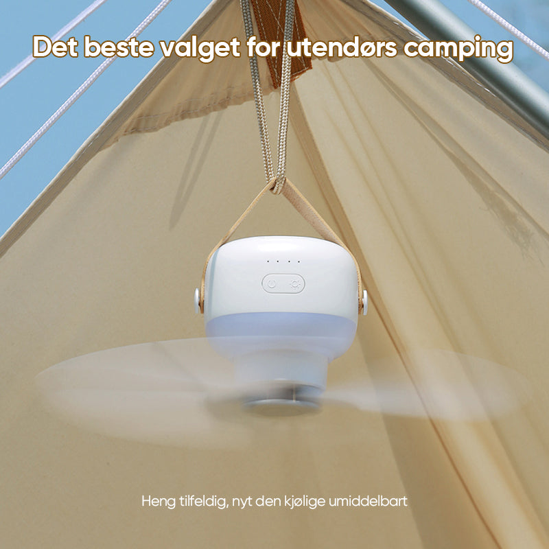 Takmontert campingvifte med justerbart lys og fjernkontroll; perfekt for sommer og nødutstyr.