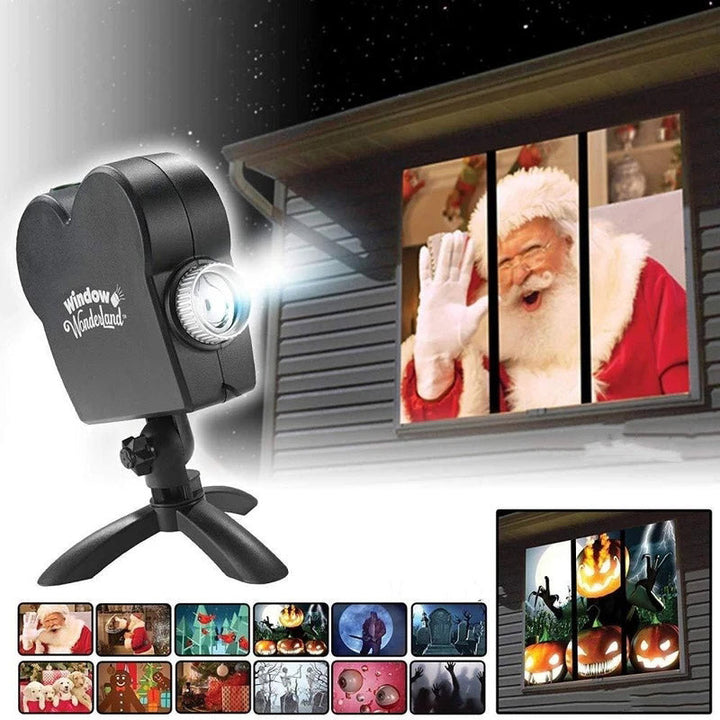 Magisk vindusprojektor til Halloween og jul med animerte feriebilder. Enkel dekorasjon for hjemmet.